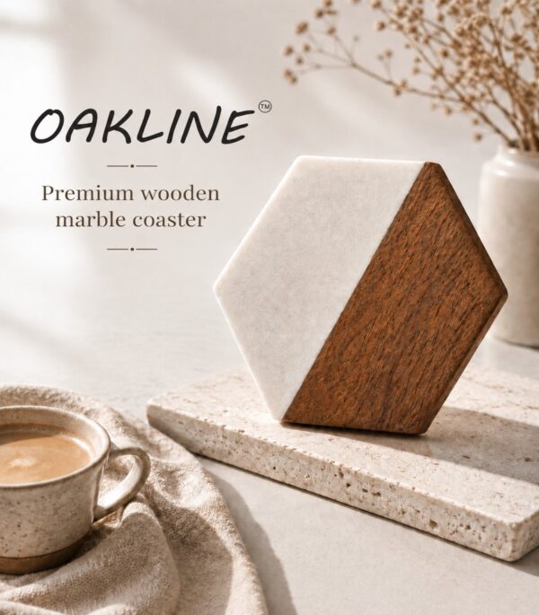 Picture1 OAKLINE Wooden Marble Coaster Set — premium handcrafted wooden marble drink coaster for coffee mugs, tea cups, candles, whiskey glasses, décor.