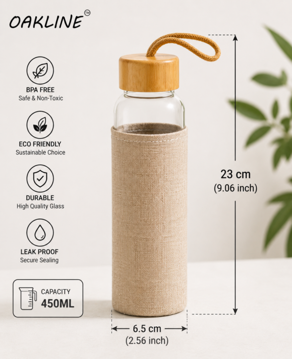 OAKLINE Glass Bottle with Jute bag for bottle — premium eco-friendly glass bottle with handcrafted jute carry bag for travel, office, gym, gifting, everyday hydration.