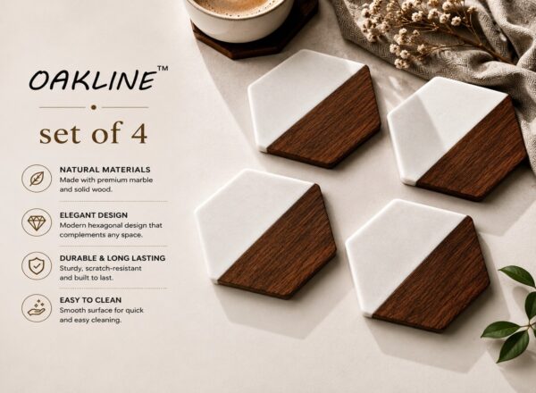Picture2 OAKLINE Wooden Marble Coaster Set — premium handcrafted wooden marble drink coaster for coffee mugs, tea cups, candles, whiskey glasses, décor.