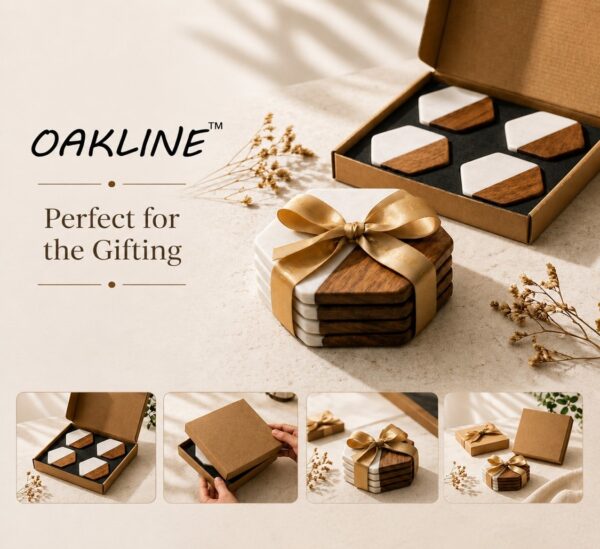 Picture4 OAKLINE Wooden Marble Coaster Set — premium handcrafted wooden marble drink coaster for coffee mugs, tea cups, candles, whiskey glasses, décor.