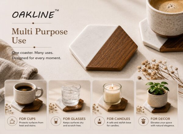Picture6 OAKLINE Wooden Marble Coaster Set — premium handcrafted wooden marble drink coaster for coffee mugs, tea cups, candles, whiskey glasses, décor.