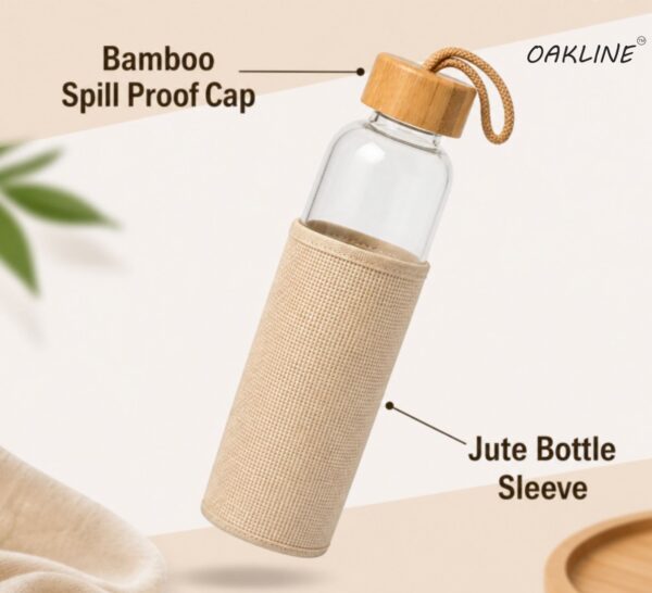 OAKLINE Glass Bottle with Jute bag for bottle — premium eco-friendly glass bottle with handcrafted jute carry bag for travel, office, gym, gifting, everyday hydration.