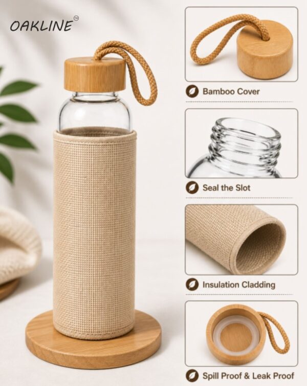 OAKLINE Glass Bottle with Jute bag for bottle — premium eco-friendly glass bottle with handcrafted jute carry bag for travel, office, gym, gifting, everyday hydration.