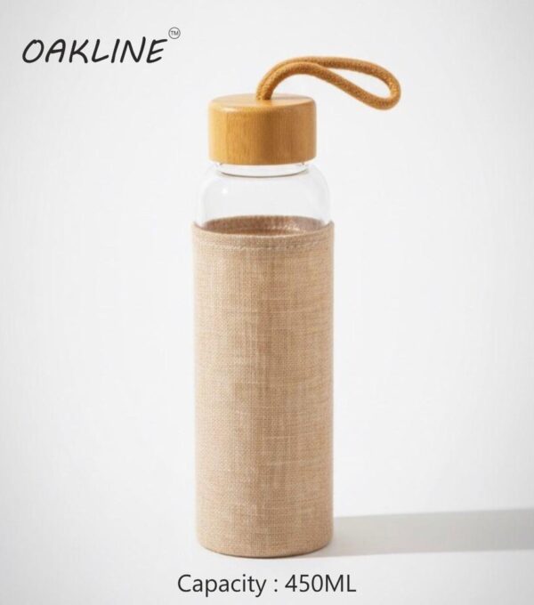 OAKLINE Glass Bottle with Jute bag for bottle — premium eco-friendly glass bottle with handcrafted jute carry bag for travel, office, gym, gifting, everyday hydration.