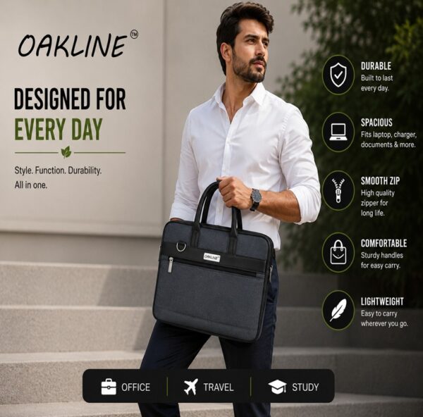 WhatsApp Image 2026-07-03 at 15.37.12 OAKLINE Executive Pro Laptop Bag for Men and women – 15.6 Inch Water-Resistant Business Messenger Bag with Spacious Compartments, Durable Handles, Smooth Zippers, Lightweight Design for Office, Travel, and Daily Use