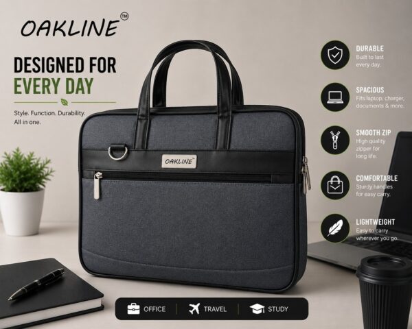 WhatsApp Image 2026-07-03 at 15.37.33 OAKLINE Executive Pro Laptop Bag for Men and women – 15.6 Inch Water-Resistant Business Messenger Bag with Spacious Compartments, Durable Handles, Smooth Zippers, Lightweight Design for Office, Travel, and Daily Use