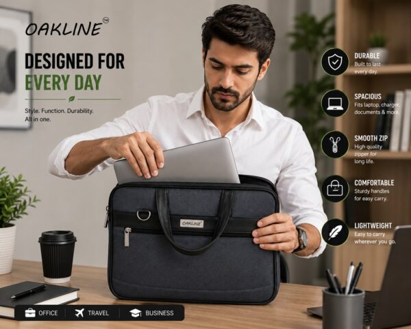 WhatsApp Image 2026-07-03 at 15.38.05 OAKLINE Executive Pro Laptop Bag for Men and women – 15.6 Inch Water-Resistant Business Messenger Bag with Spacious Compartments, Durable Handles, Smooth Zippers, Lightweight Design for Office, Travel, and Daily Use
