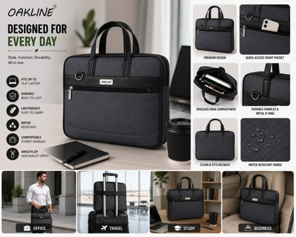 WhatsApp Image 2026-07-03 at 15.38.16 OAKLINE Executive Pro Laptop Bag for Men and women – 15.6 Inch Water-Resistant Business Messenger Bag with Spacious Compartments, Durable Handles, Smooth Zippers, Lightweight Design for Office, Travel, and Daily Use