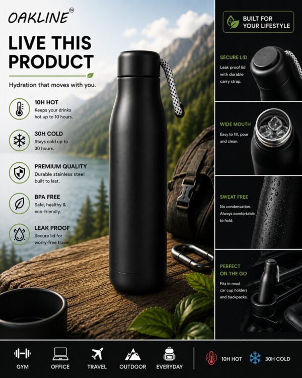 WhatsApp Image 2026-07-03 at 15.45.34 Oakline 500ml Double Wall Vacuum Insulated Stainless Steel Water Bottle | Leakproof | Hot & Cold Flask | Matte Black